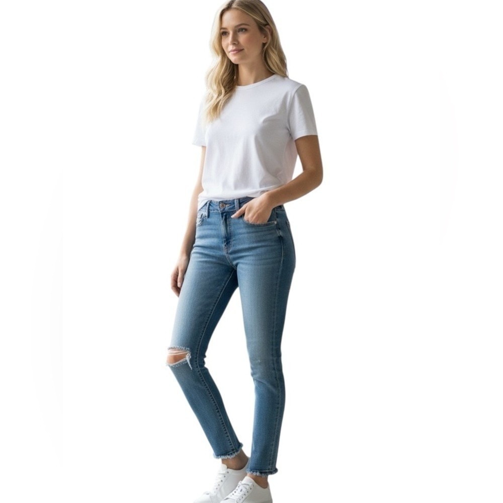 PAIGE Verdugo Ankle Mid Rise Skinny Jeans, Frey Hem, One Knee Rip, Blue, Size 27
